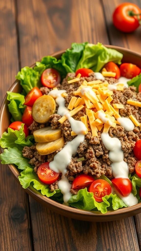 Delicious Hamburger Salad Recipe A colorful hamburger salad with lettuce, tomatoes, pickles, ground beef, and cheese, drizzled with ranch dressing.